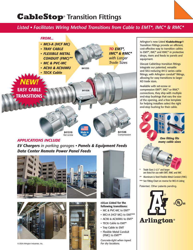 Arlington Cable Stop Transition Fittings