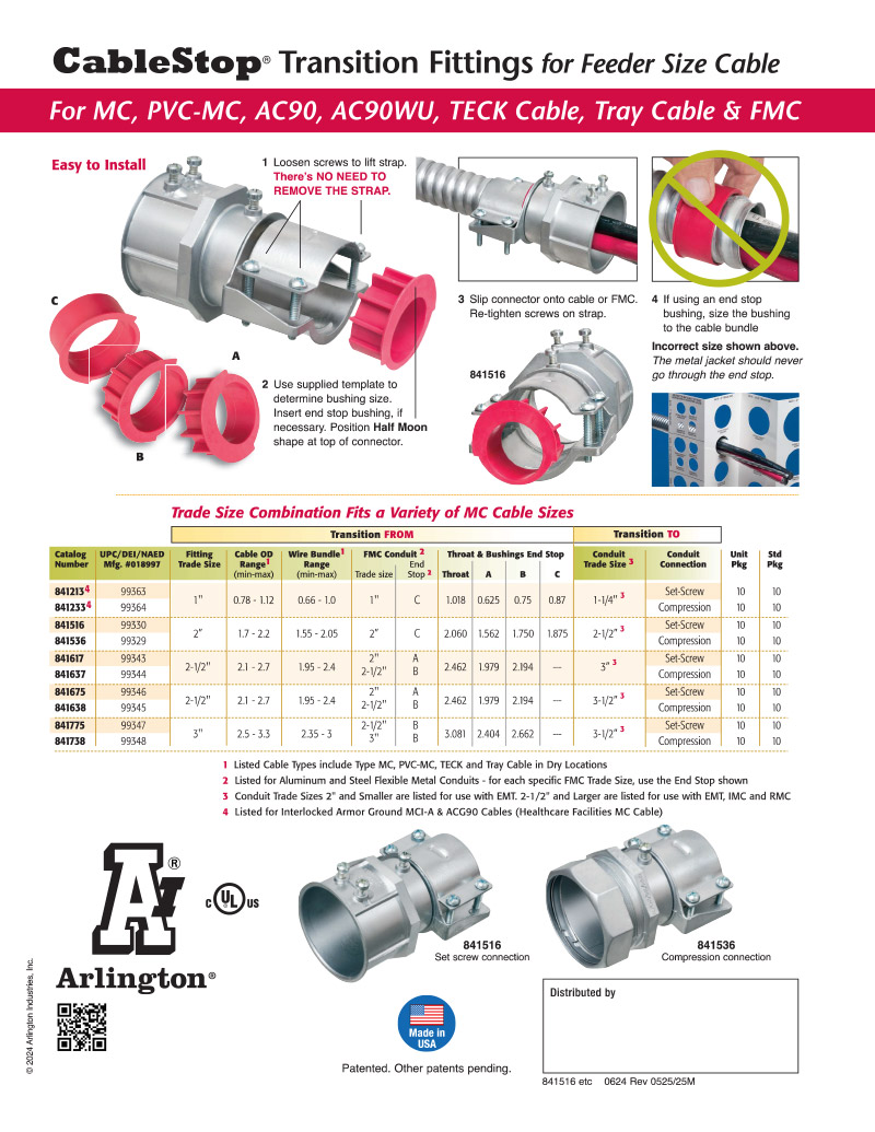 Arlington Cable Stop Transition Fittings